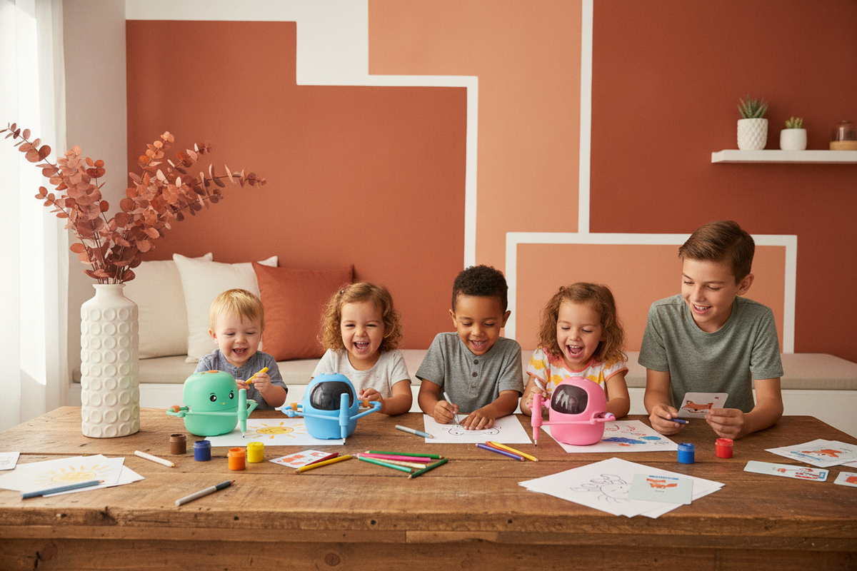 Children aged 3-14 years old drawing and painting with "Wonder Draw" products in a bright, inviting setting with terracotta, 