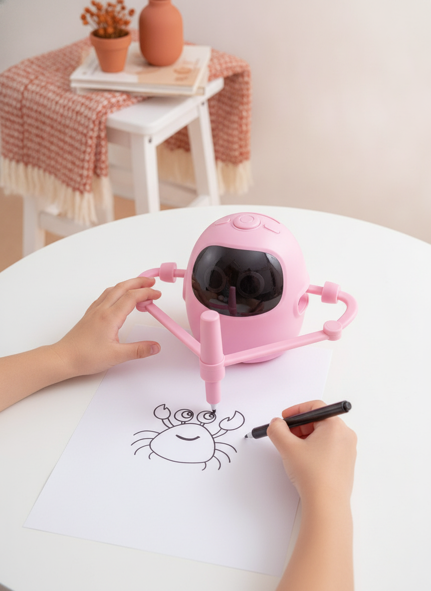 A child's hands drawing with the 'Wonder Draw' system on a white surface, showcasing the product in a professional, well-lit 